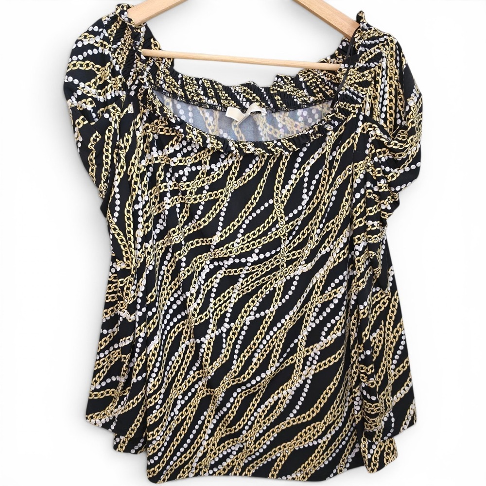 Michael Kors Top Womens‎ XL Black Chain Print Puff Sleeve Blouse Casual Ladies